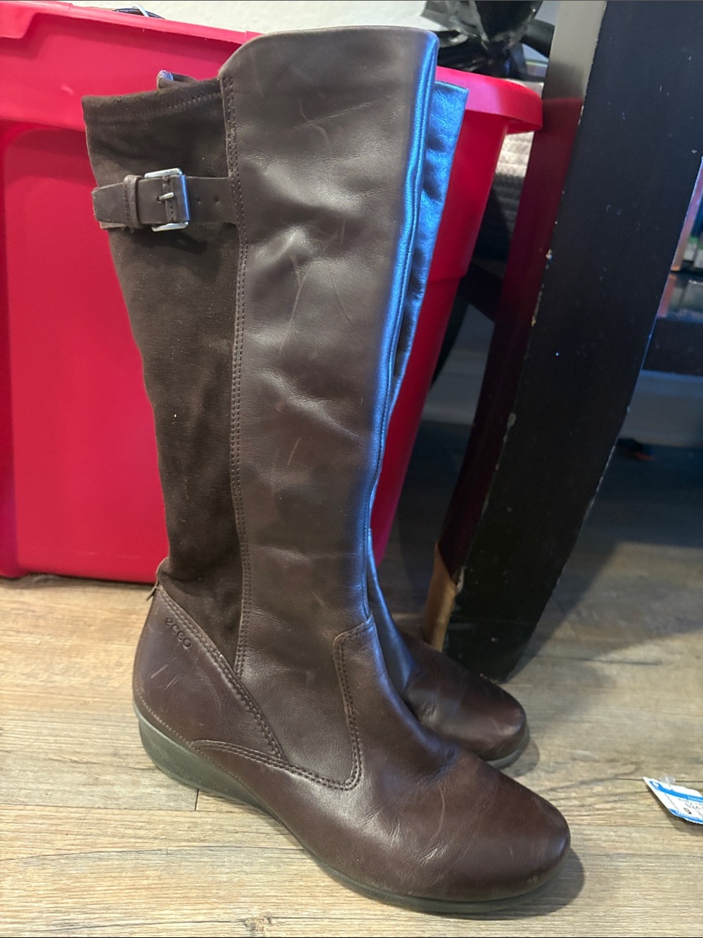 Ecco Dark Brown Leather Mid-Calf Wedge Boots with Buckle